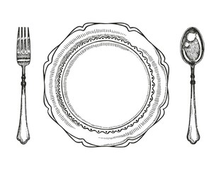 Fork spoon and plate. Vintage vector illustration