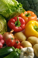 Various kinds of vegetables like zucchini, red radishes, peppers, salad, cabbage, potatoes, garlic 