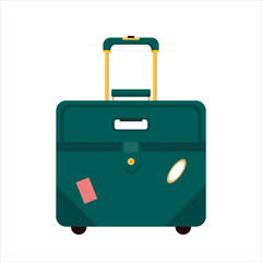 Flat blue color trip suitcase for tourism vacation, with travelers stickers isolated on white background - vector stock illustration