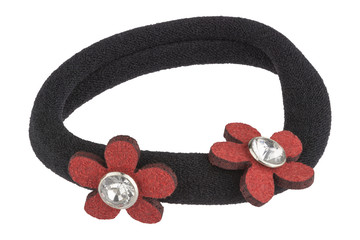 Black hair rubber scrunchy with two red flowers, isolated on white background, clipping path included