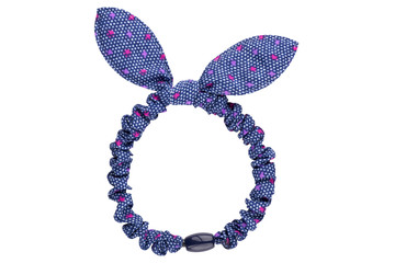 Blue textile hair rubber scrunchy with rabbit ears ribbon and colored dots, isolated on white background, clipping path included