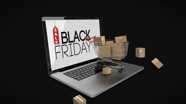 Trolley with boxes on laptop displaying black Friday sale sign