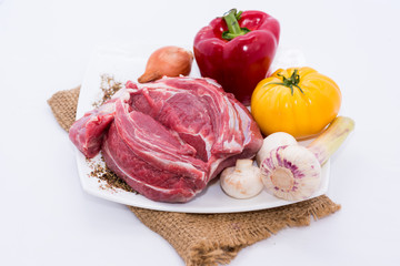 Food, tomato, vegetable, yellow, salad, fresh, object, white, basket, organic, natural, pepper, tomato, lettuce, mushrooms, meat, garlic