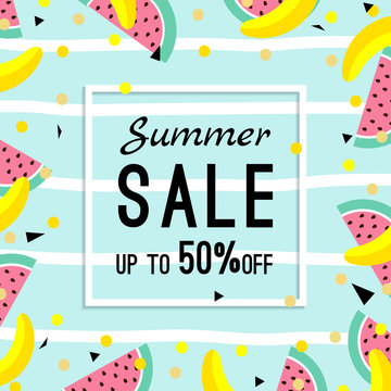summer sale design template. pattern with fruits, banana, watermelon and geometric elements in memphis style background, vector.