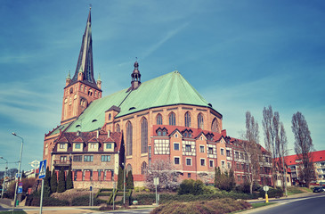 Vintage toned photo of Cathedral Basilica of St. James the Apostle in Szczecin, Poland.