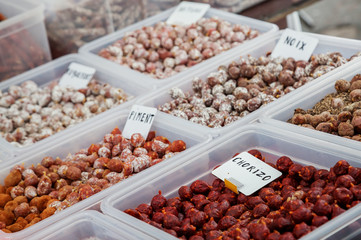 Assortment of chorizo, pepper sausage and nuts sausage on local market