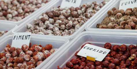 Assortment of chorizo, pepper sausage and nuts sausage on local market. Banner