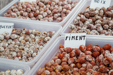 Assortment of pepper sausage and nuts sausage on local market