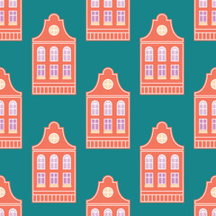 Cute colorful pastel spring Amsterdam house seamless pattern.