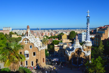 BARCELONA, SPAIN - JUNE 22: Park Guell in Barcelona, Spain on June 22, 2016. Park Guell was designed by Antoni Gaudi and is part of the UNESCO world heritage sites.