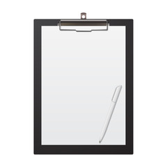 Realistic clipboard with sheet of paper a4 and pen, isolated on white