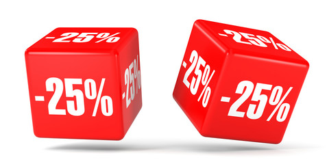 Twenty five percent off. Discount 25 %. Red cubes.