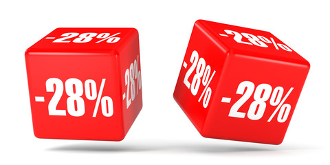 Twenty eight percent off. Discount 28 %. Red cubes.
