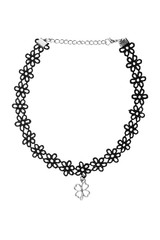 Adjustable black textile flower-design necklace, fashion item isolated on white background, clipping path included