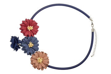 Adjustable black textile simple necklace decorated with big colorful flowers, fashion item isolated on white background, clipping path included