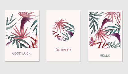 Set of creative universal floral cards in tropical style - 145350515