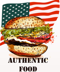 Hand drawn hamburger fresh and tasty on USA flag back.Authentic food