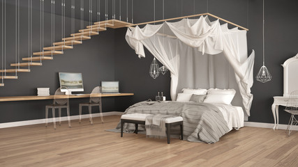 Canopy bed in minimalistic white and gray bedroom with home workplace, scandinavian classic interior design