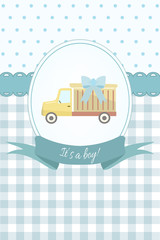 Baby boy shower or arrival card with truck toy. Flat design