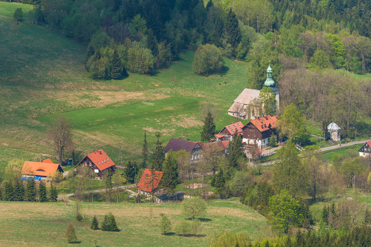 Pasterka village, view from Szczeliniec Mountain, Klodzka Valley, Poland
