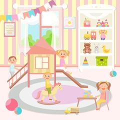 Kindergarten vector illustration. Flat design. Children's activity in the play room. Playing, education.