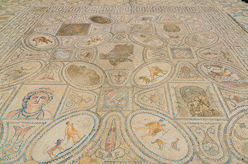 Mosaic of The Heracles twelve labors at Roman ruins of Volubilis near Meknes, Morocco, Africa