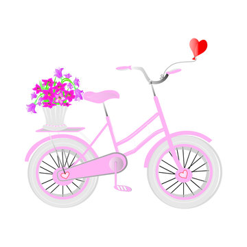 A pink bike for girls driven the gray vases with flowers and a balloon in the shape of a heart