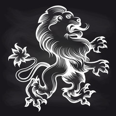 Hand drawn white engraving royal lion on blackboard background. Vector illustration