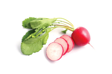 One colorful delicious radish on white background, with sliced cut pieces. Photo depicting fresh radish with green leaves isolated on a white, with natural shade. 