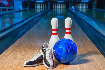 bowling shoes, bowling pins and ball for play in bowling - obrazy, fototapety, plakaty