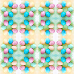 Watercolor background with colorful rainbow eggs. Seamless pattern