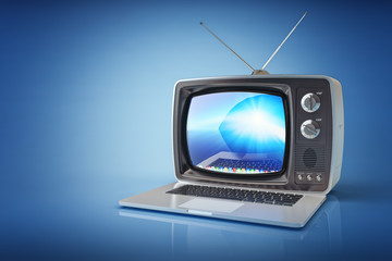 Concept of retro futuristic telecommunication computer technology, vintage tv set with modern laptop's keyboard on blue background with reflection