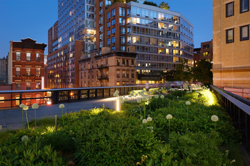 The High Line at twilight in summer. An elevated abandoned railway transformed as a geenway in the...