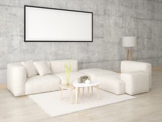 Mock up in a stylish living room with a light corner sofa on the hipster background.