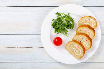 fish roll-up with crab meat cut in slices