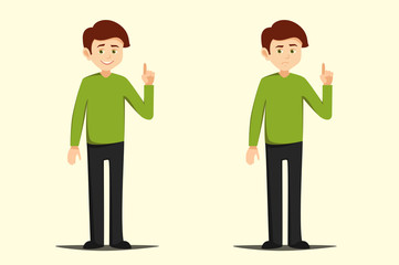 boy pointing finger up vector illustration isolated elements on white background . young man drew attention to something or warns with a serious face