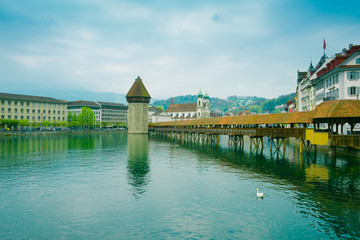 Cityscape of Lucerne with famous Chapel Bridge and lake Lucerne, Switzerland