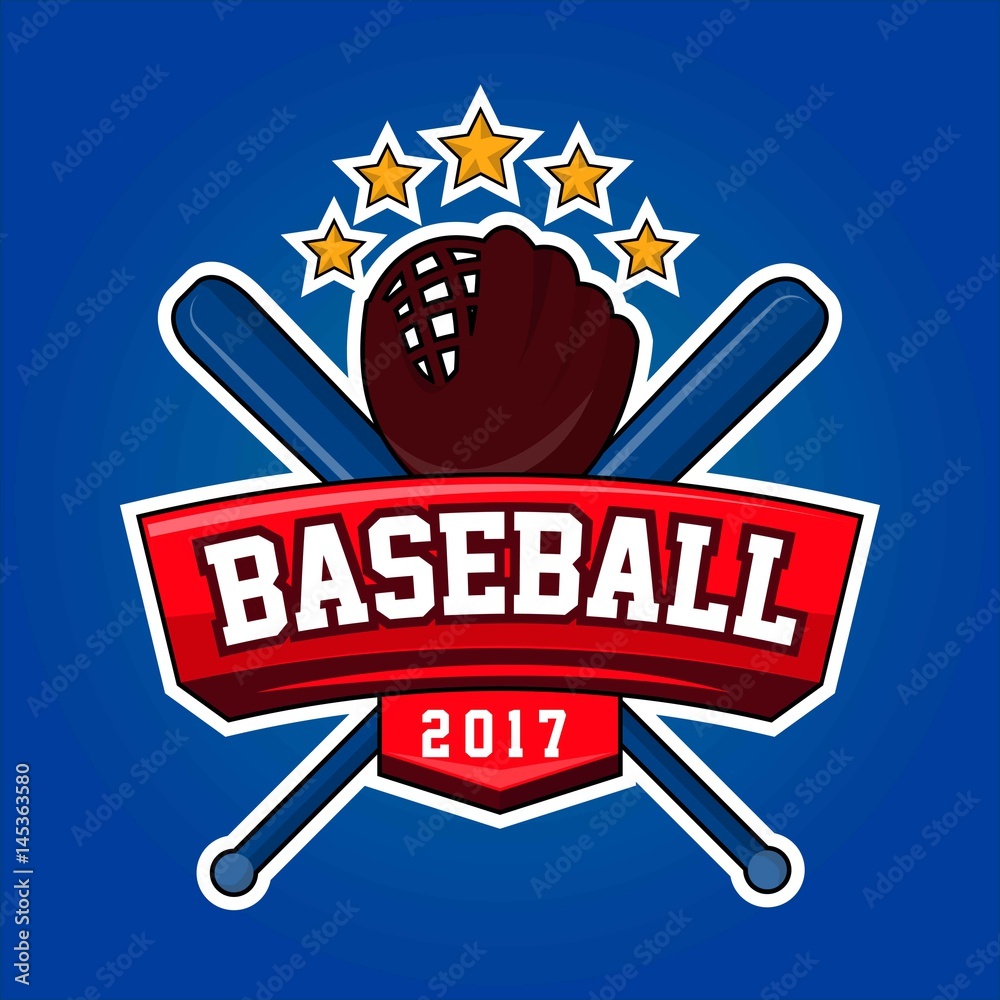 Wall mural baseball logo design with crossed bats, leather glove and stars