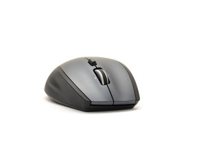 Studio shot black and grey sculpt ergonomic wireless mouse isolated on white. Modern computer mice with soft rubber grip, back-forward and side to side scrolling button in contoured shape. Top view