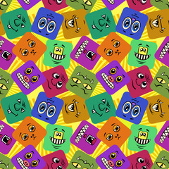 Seamless Background with Smileys, Monsters, Funny Cartoon Characters, Different Faces in Colorful Squares, Tile Pattern for Your Design. Vector