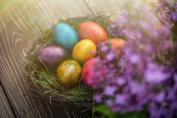 Spring bouquet of flowers and Easter eggs