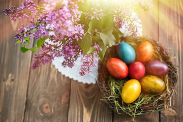 Spring bouquet of flowers and Easter eggs