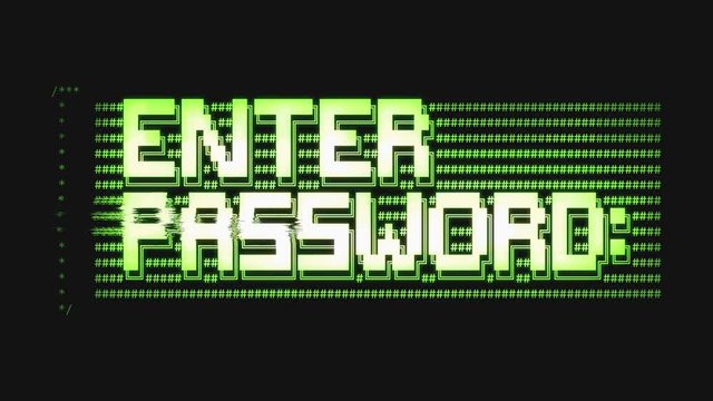 A pc terminal screen asking for the password in ASCII art, green on black. Digital glitches and distortion appear.
