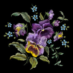 Embroidery colorful trend floral pattern with pansies and forget me not flowers. Vector traditional folk heartsease bouquet on black background for clothing design.
