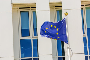 Standard waving flag of the European Union with building business on background