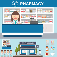 Vector pharmacy drugstore set design, shop store, package, t-shirt, cap, uniform and front display design/ layout set of corporate identity mock up template.