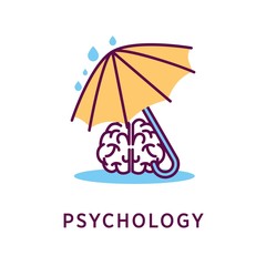 Psychology logo design with human brain under umbrella during rain