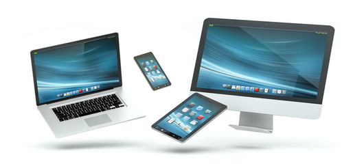 Modern computer laptop mobile phone and tablet floating 3D rendering