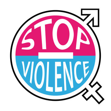 Stop à la violence envers les hommes et les femmes. Panneau icône symbole homme femme rose et bleu.