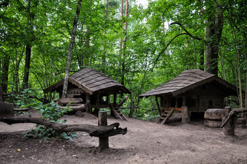 Fototapeta na wymiar Dwarfs fairy houses in the mysterious woods.